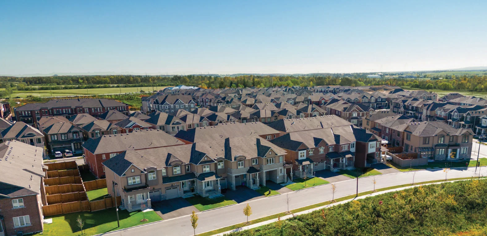Aerial view of Brooklin Trails master-planned neighbourhood in Whitby