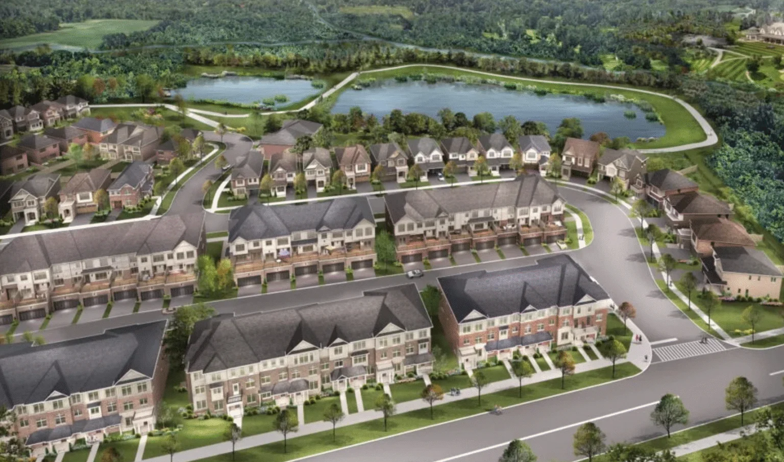 Site plan of Brooklin Trails Whitby with lake, townhomes, and greenspace